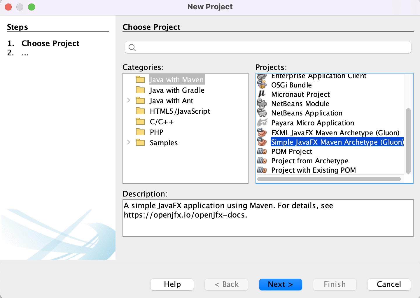 Yksinkertaisen JavaFX-projektin luominen NetBeansissa.